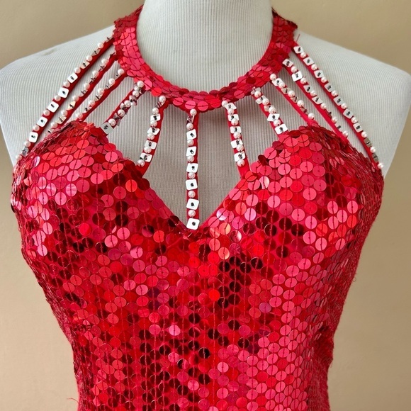 Vintage Niteline Della Roufogali Red Sequin Beaded Gown Maxi Dress Size 12 - Picture 6 of 12